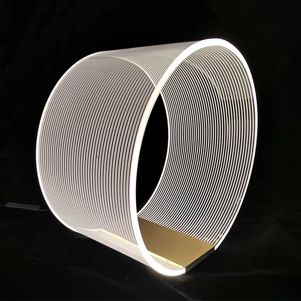 Avant-garde line frame table lamp (white line frame + gold base), warm light effect, creating a futuristic high-end space atmosphere.