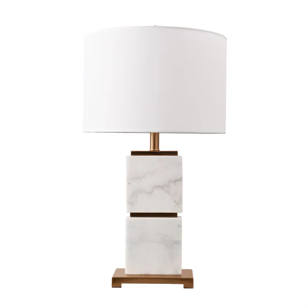 Light luxury stacked marble table lamp, featuring natural marble blocks stacked with a gold metal frame and a rectangular fabric lampshade, providing soft and eye-protective lighting, designed to enhance space texture, suitable for bedroom nightstands, living room side tables, hotel guest rooms, etc.