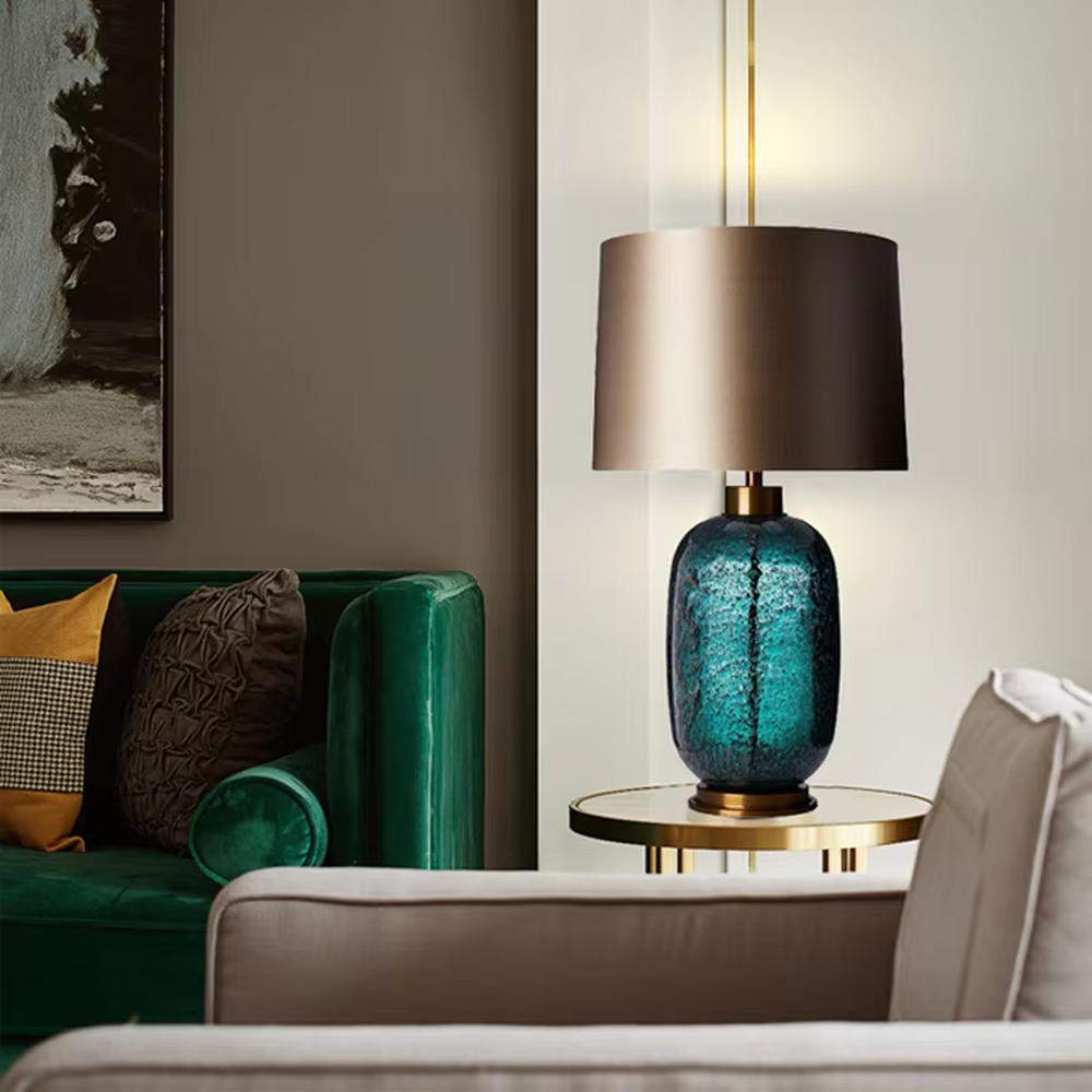 Light luxury cracked blue glaze table lamp (blue glaze body + gradient fabric shade + gold accessories), warm light effect, creating an elegant and high-end home atmosphere.