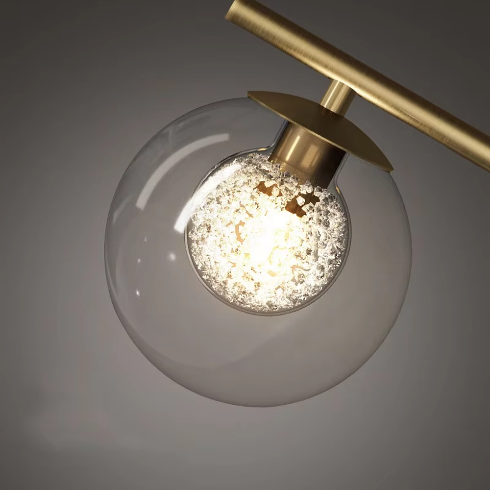 Modern light luxury golden curved pole transparent glass ball shade glitter bulb table lamp, warm light effect, creating a minimalist exquisite atmosphere.