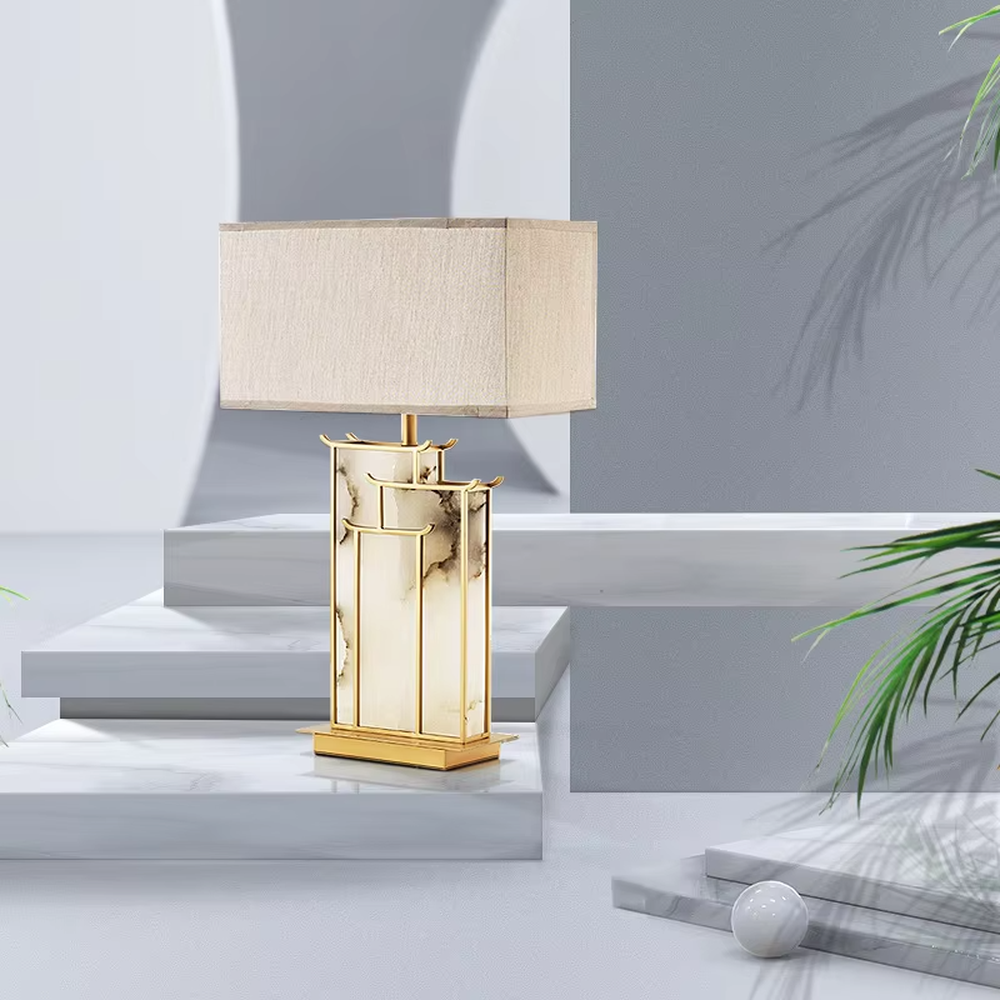 Neo-Chinese style golden frame marble table lamp (linen fabric shade), warm light effect, creating an elegant Chinese-style high-end space atmosphere.