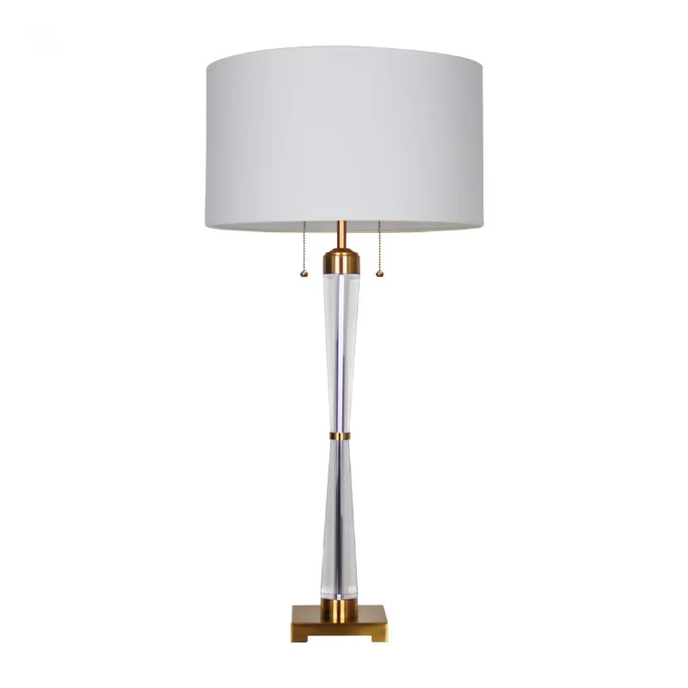 Modern light luxury fabric table lamp, with an off-white fabric lampshade paired with a transparent acrylic + gold metal spliced conical lamp pole, a gold square base with a double pull-cord switch, emitting soft and warm light, combining decorativeness and practicality, suitable for lighting and decoration in spaces such as bedroom nightstands, living room side tables, and hotel guest rooms.