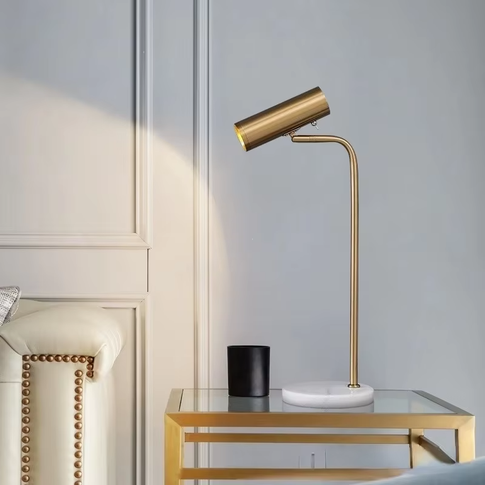 Minimalist white rod marble table lamp (white curved rod + adjustable lamp head + marble base), warm light effect, creating a simple and high-end home atmosphere.