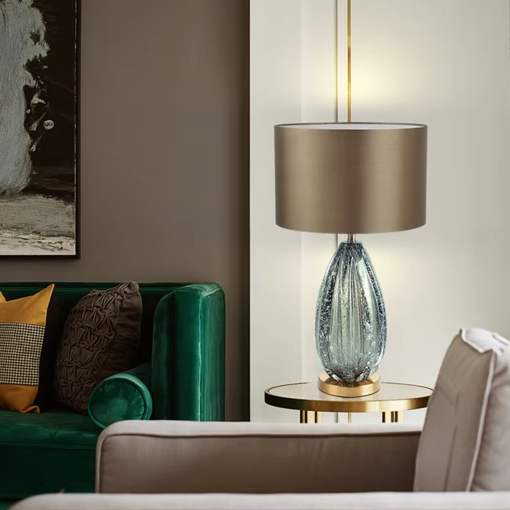 Light luxury black crystal fabric shade table lamp (black crystal texture base + coffee fabric shade), warm light effect, creating a calm and high-end home atmosphere.