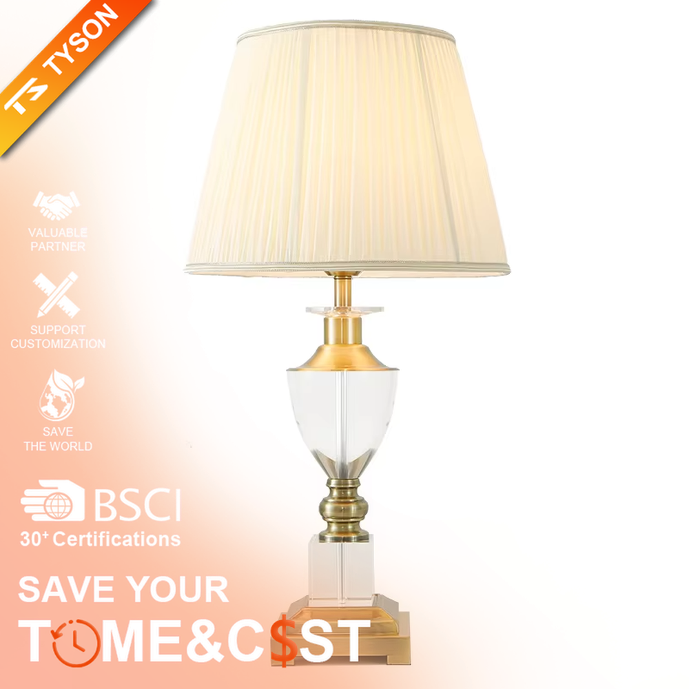 Modern Light Luxury Pleated Fabric Table Lamp, Off-white pleated fabric lampshade, transparent crystal and gold metal combined lamp body, serves both lighting and decorative purposes, ideal for entryways, living rooms, bedrooms, studies and other light luxury spaces.