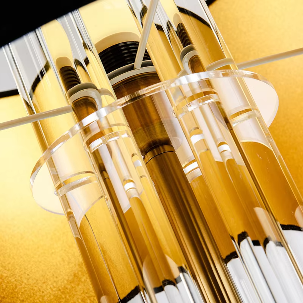 Modern Light Luxury Gold & Crystal Table Lamp, Black Cylindrical Fabric Lampshade (Gold Interior), Transparent Crystal Strips and Gold Metal Strips Combined Lamp Body with Crystal Decor on Top, Serves Both Lighting and Decorative Purposes, Ideal for Living Rooms, Bedrooms, Studies, Hotel Guest Rooms and Other Light Luxury Spaces.