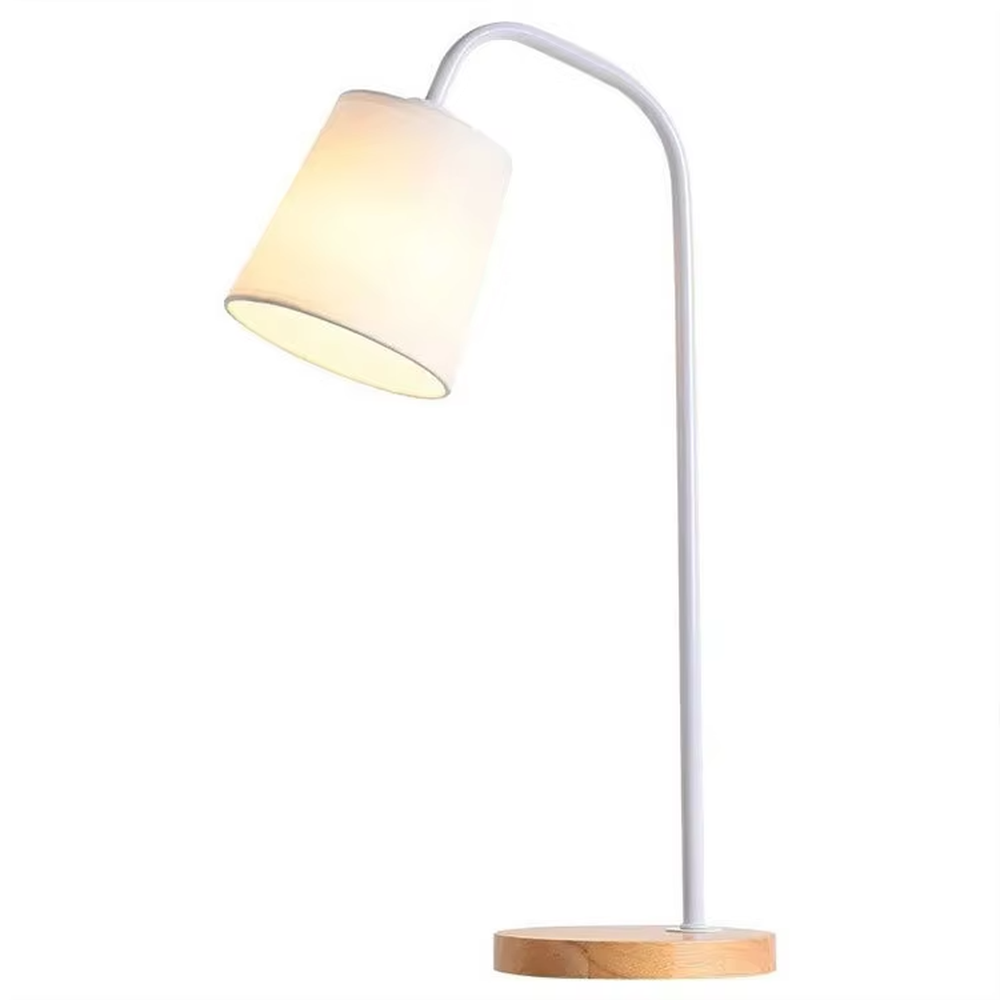 Nordic minimalist eye-protection table lamp, solid wood base paired with white bendable iron lamp pole and fabric lampshade, soft and eye-protective light, used for lighting in desks, nightstands and other areas, suitable for Nordic-style homes, office areas, homestay guest rooms, etc.