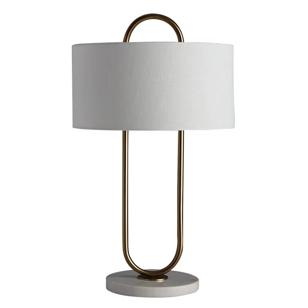 Light luxury U-shaped gold frame table lamp (gold U-shaped stand + fabric shade + marble base), warm light effect, creating an elegant and high-end home atmosphere.