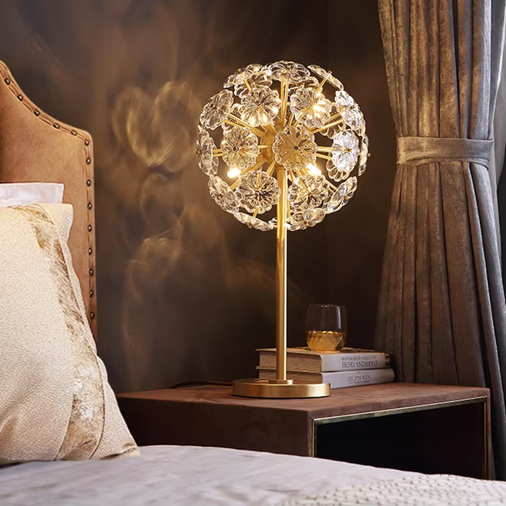 Art dandelion-shaped crystal table lamp (gold frame + crystal petals), warm light effect, creating a brilliant and romantic light luxury space atmosphere.