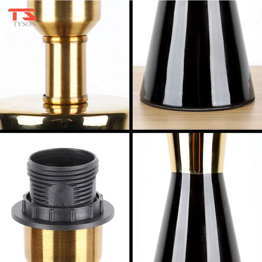 This is a light luxury black-gold table lamp, with a black fabric lampshade edged with gold trim, and a cone-shaped base with a black-gold color block design, featuring both decorative and lighting functions, ideal for high-end indoor scenarios such as bedroom nightstands and living room side tables.