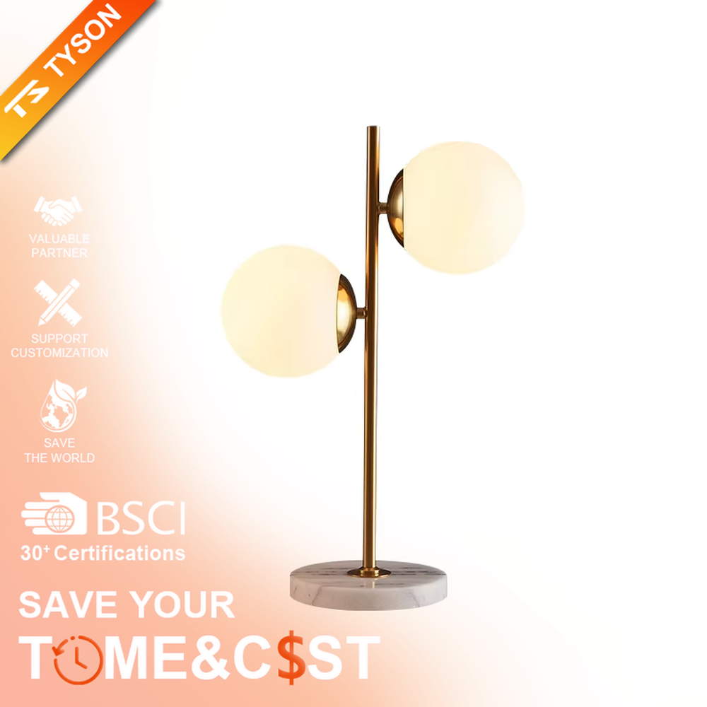 This modern light luxury double-ball table lamp features a gold metal stand, paired with milky white glass ball lampshades and a white marble base, with a simple and elegant staggered double-ball layout, serving both lighting and decorative purposes, ideal for living room side tables, bedroom bedside tables, light luxury homestays and other spaces.