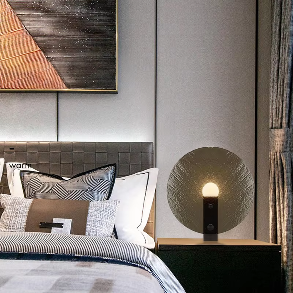 Art semi-transparent round plate table lamp (dual-texture + spherical light source), warm light effect, creating a cutting-edge minimalist artistic home atmosphere.