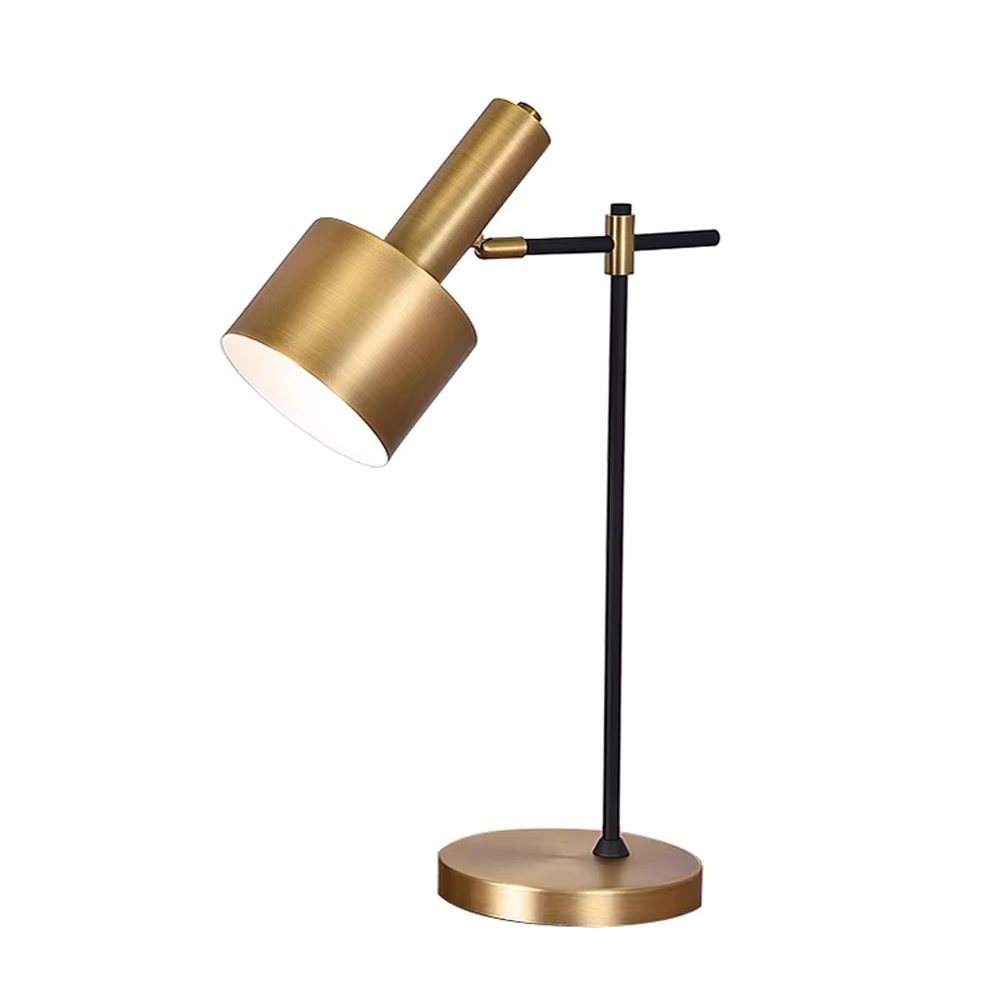 Modern light luxury black-gold adjustable metal table lamp, golden lampshade + black-gold stand + round golden base, angle-adjustable, soft warm light, creating a simple high-end office/home atmosphere.