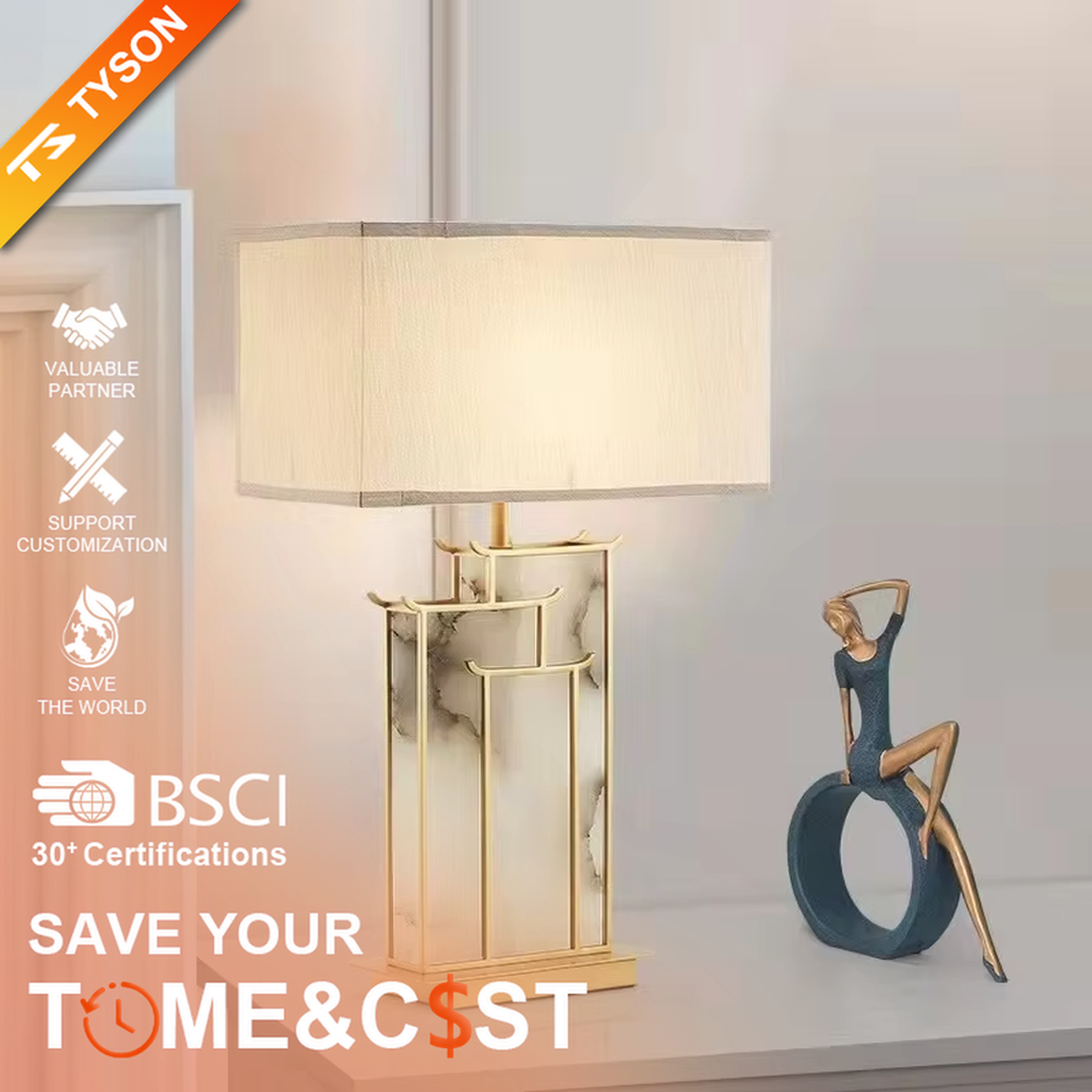 Neo-Chinese style golden frame marble table lamp (linen fabric shade), warm light effect, creating an elegant Chinese-style high-end space atmosphere.