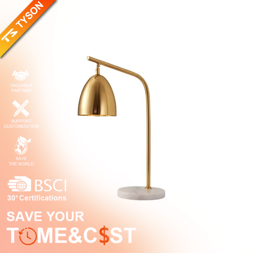 This is a modern light luxury style table lamp, with a gold metal curved arm paired with a dome-shaped lampshade, and a white marble base, which has both lighting and decorative functions, suitable for study desks, bedroom nightstands, office spaces, etc.