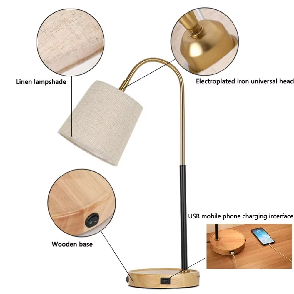 Light luxury wood-base curved arm table lamp (log base + black-gold curved arm + linen lampshade), warm light effect, creating a warm and high-end home atmosphere.