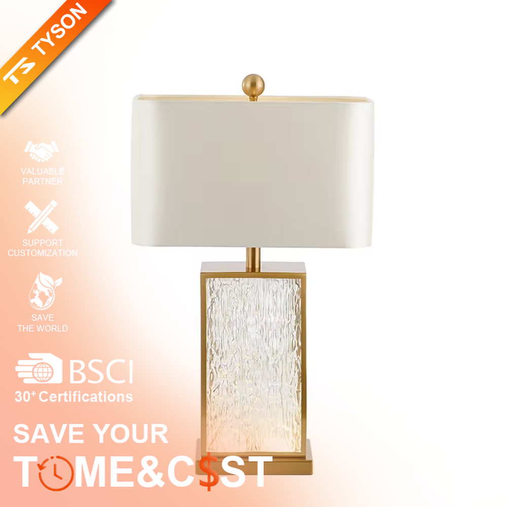 Light luxury golden frame ice-textured glass square table lamp (satin white shade), warm light effect, creating an exquisite and high-end space atmosphere.
