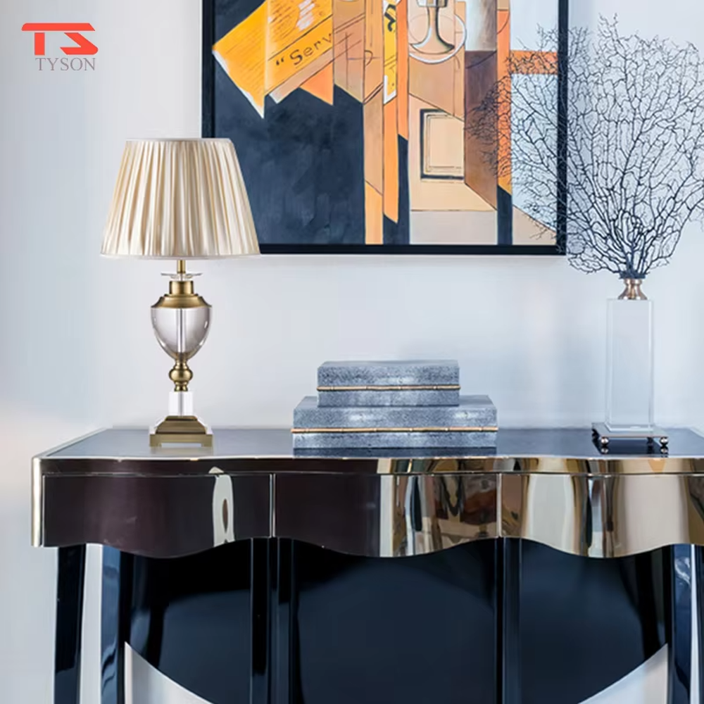 Modern Light Luxury Pleated Fabric Table Lamp, Off-white pleated fabric lampshade, transparent crystal and gold metal combined lamp body, serves both lighting and decorative purposes, ideal for entryways, living rooms, bedrooms, studies and other light luxury spaces.