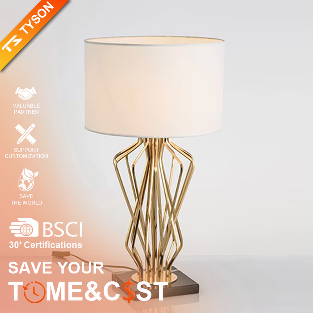Modern art golden geometric line table lamp (white shade + black base), warm light effect, creating a high-end minimalist creative space atmosphere.