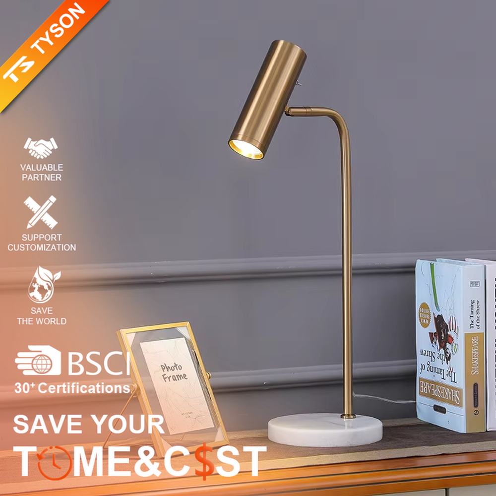 Modern light luxury golden metal curved-arm cylinder head table lamp, white marble base + warm light effect, creating an exquisite minimalist home atmosphere.