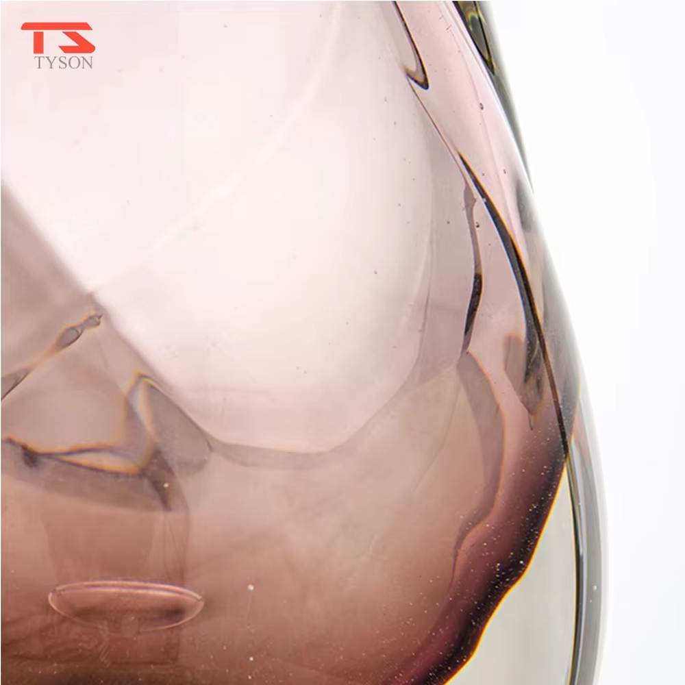 Modern art pink waterdrop glass base beige fabric shade table lamp, warm light effect, creating an elegant artistic atmosphere.