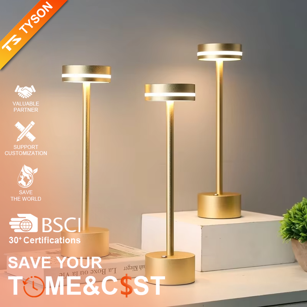 Modern minimalist bronze metal rechargeable table lamp, featuring a cylindrical lamp body and a top ring-shaped lighting design, emitting soft and even light. It supports wireless battery life and touch dimming, suitable for ambient lighting and supplementary lighting in scenarios such as dining tables, bars, and bedroom nightstands.