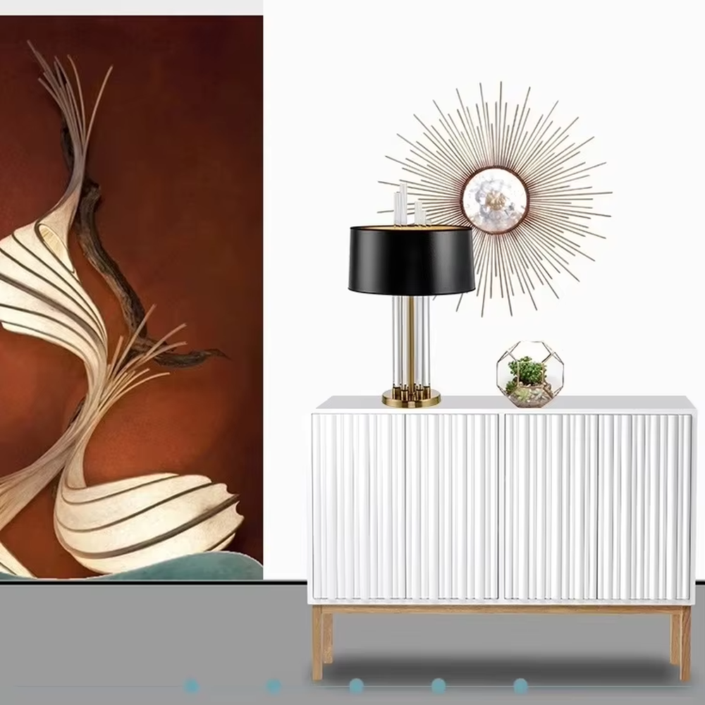 Modern Light Luxury Gold & Crystal Table Lamp, Black Cylindrical Fabric Lampshade (Gold Interior), Transparent Crystal Strips and Gold Metal Strips Combined Lamp Body with Crystal Decor on Top, Serves Both Lighting and Decorative Purposes, Ideal for Living Rooms, Bedrooms, Studies, Hotel Guest Rooms and Other Light Luxury Spaces.