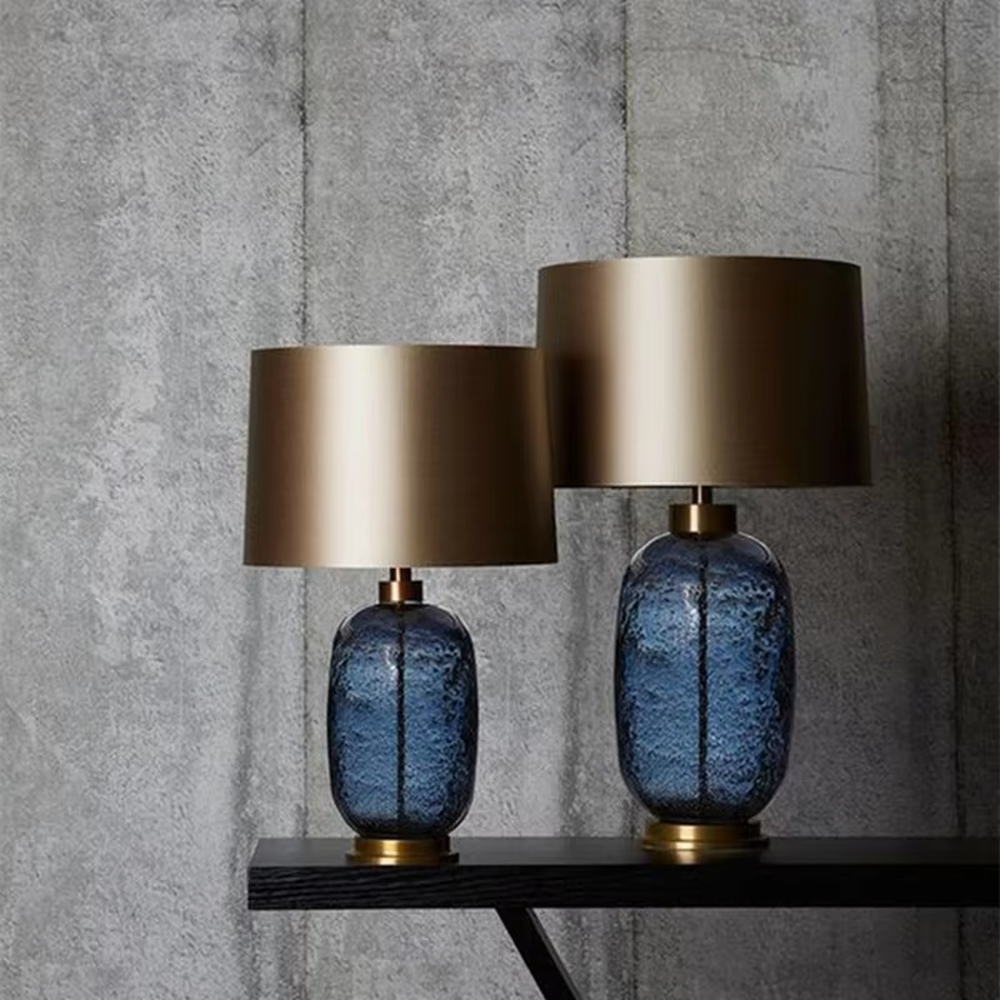 Light luxury cracked blue glaze table lamp (blue glaze body + gradient fabric shade + gold accessories), warm light effect, creating an elegant and high-end home atmosphere.
