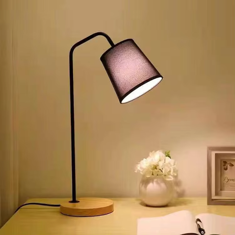 Nordic minimalist eye-protection table lamp, solid wood base paired with white bendable iron lamp pole and fabric lampshade, soft and eye-protective light, used for lighting in desks, nightstands and other areas, suitable for Nordic-style homes, office areas, homestay guest rooms, etc.