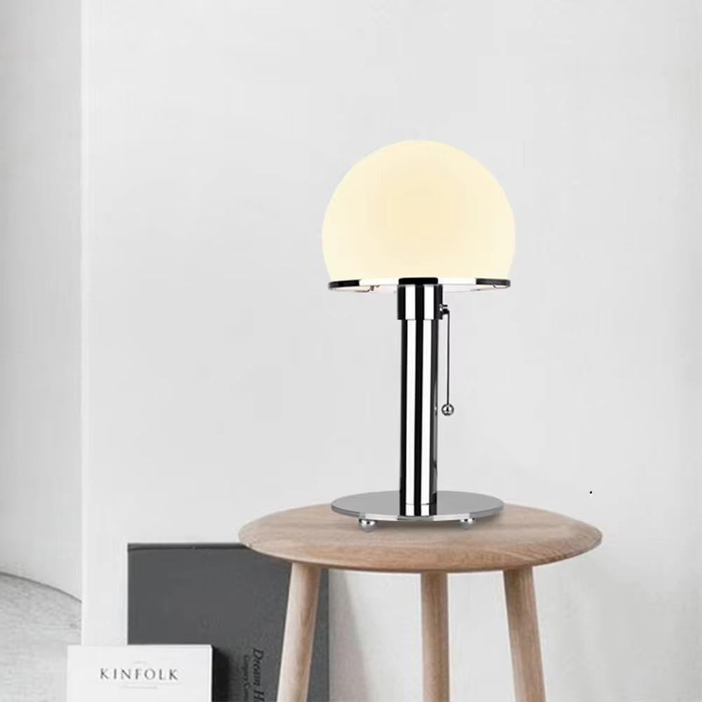 Modern minimalist chrome-plated metal spherical table lamp, milk-white spherical lampshade + glossy metal stand + warm light effect, creating a fresh minimalist home atmosphere.