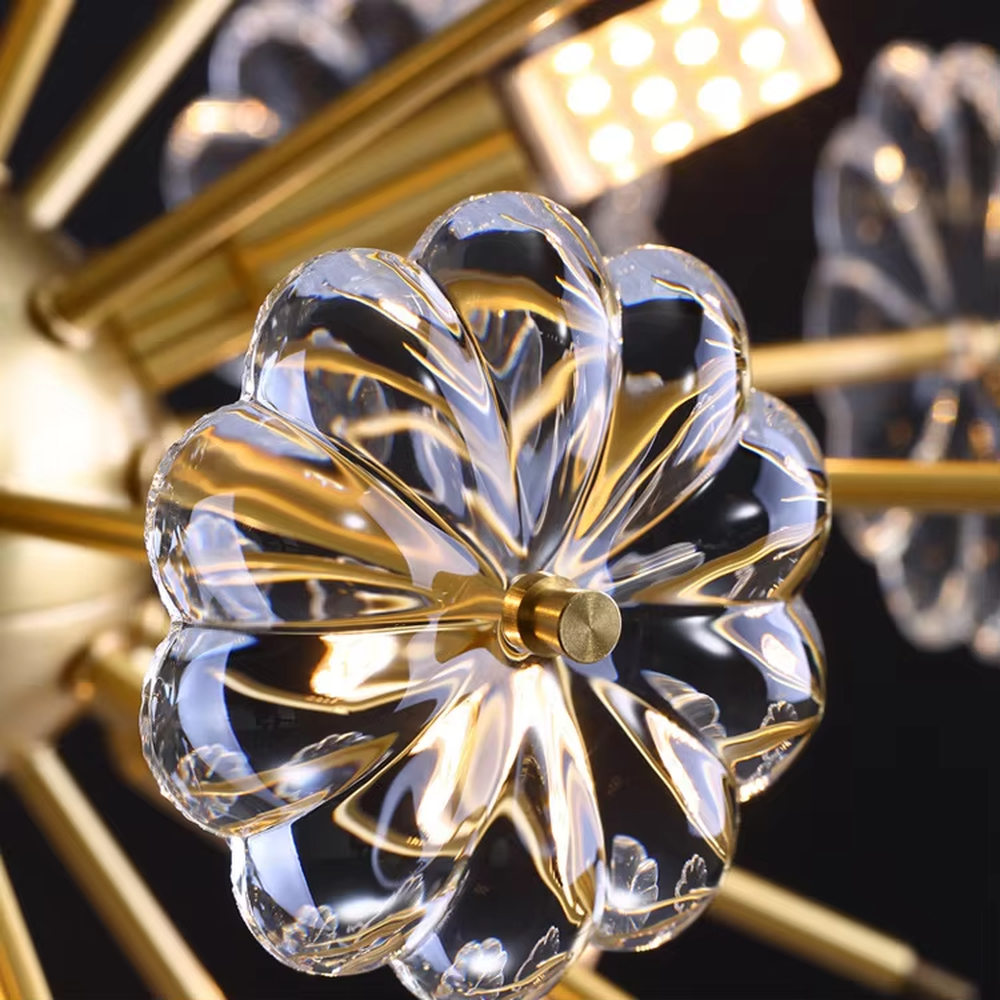 Art dandelion-shaped crystal table lamp (gold frame + crystal petals), warm light effect, creating a brilliant and romantic light luxury space atmosphere.