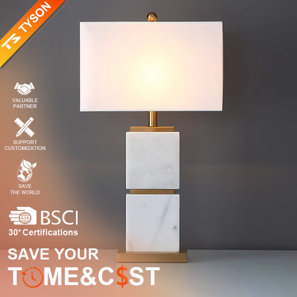 Light luxury stacked marble table lamp, featuring natural marble blocks stacked with a gold metal frame and a rectangular fabric lampshade, providing soft and eye-protective lighting, designed to enhance space texture, suitable for bedroom nightstands, living room side tables, hotel guest rooms, etc.