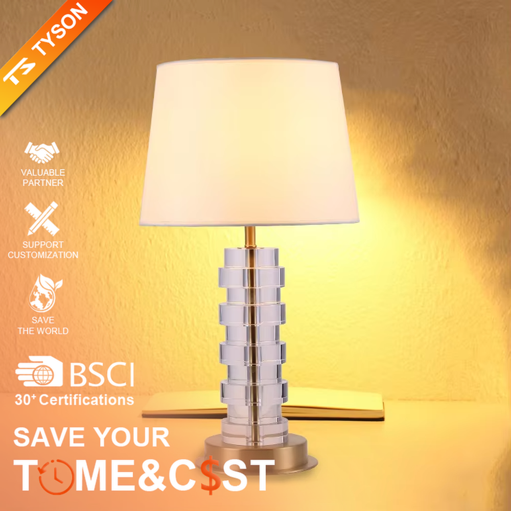 Light Luxury Stacked Acrylic Table Lamp (Off-white Fabric Umbrella Lampshade + Transparent Acrylic Stacked Lamp Post + Gold Metal Base), warm light effect, creating an exquisite and elegant home atmosphere.