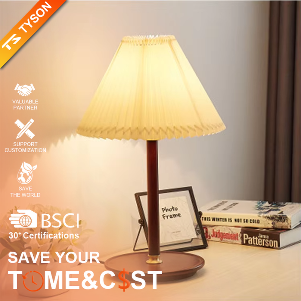 Nordic-style wooden pleated table lamp, with a light wood lamp pole and base paired with an orange pleated fabric lampshade, providing soft and warm light, designed to enhance the cozy atmosphere of spaces, suitable for bedroom nightstands, living room side tables, homestay guest rooms, etc.