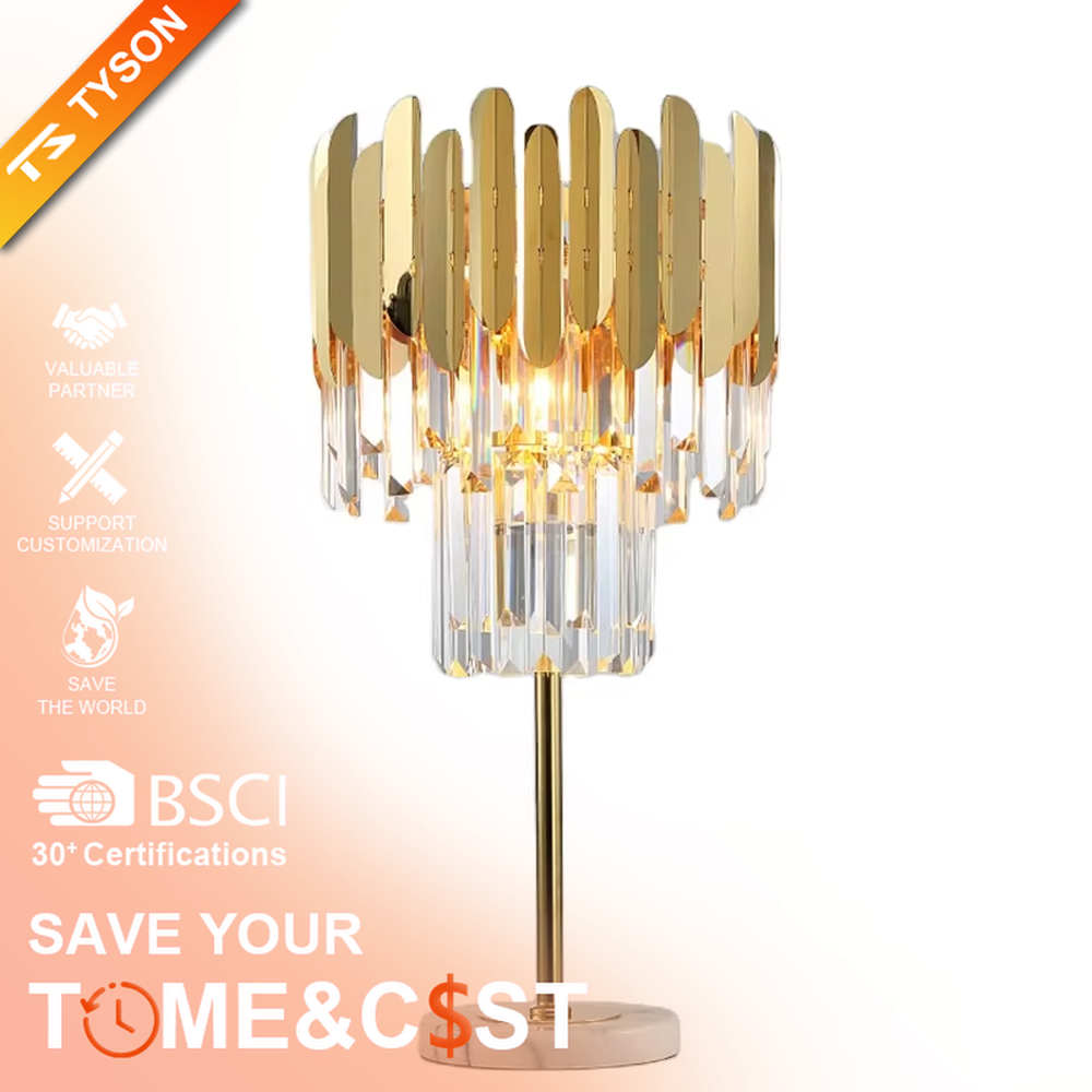 Light luxury crystal metal table lamp, with gold metal sheets and multi-layer crystal pendants, featuring brilliant and gorgeous light refraction, designed to enhance the luxurious atmosphere of spaces, suitable for high-end scenarios such as bedroom nightstands, living room entrances, and hotel guest rooms