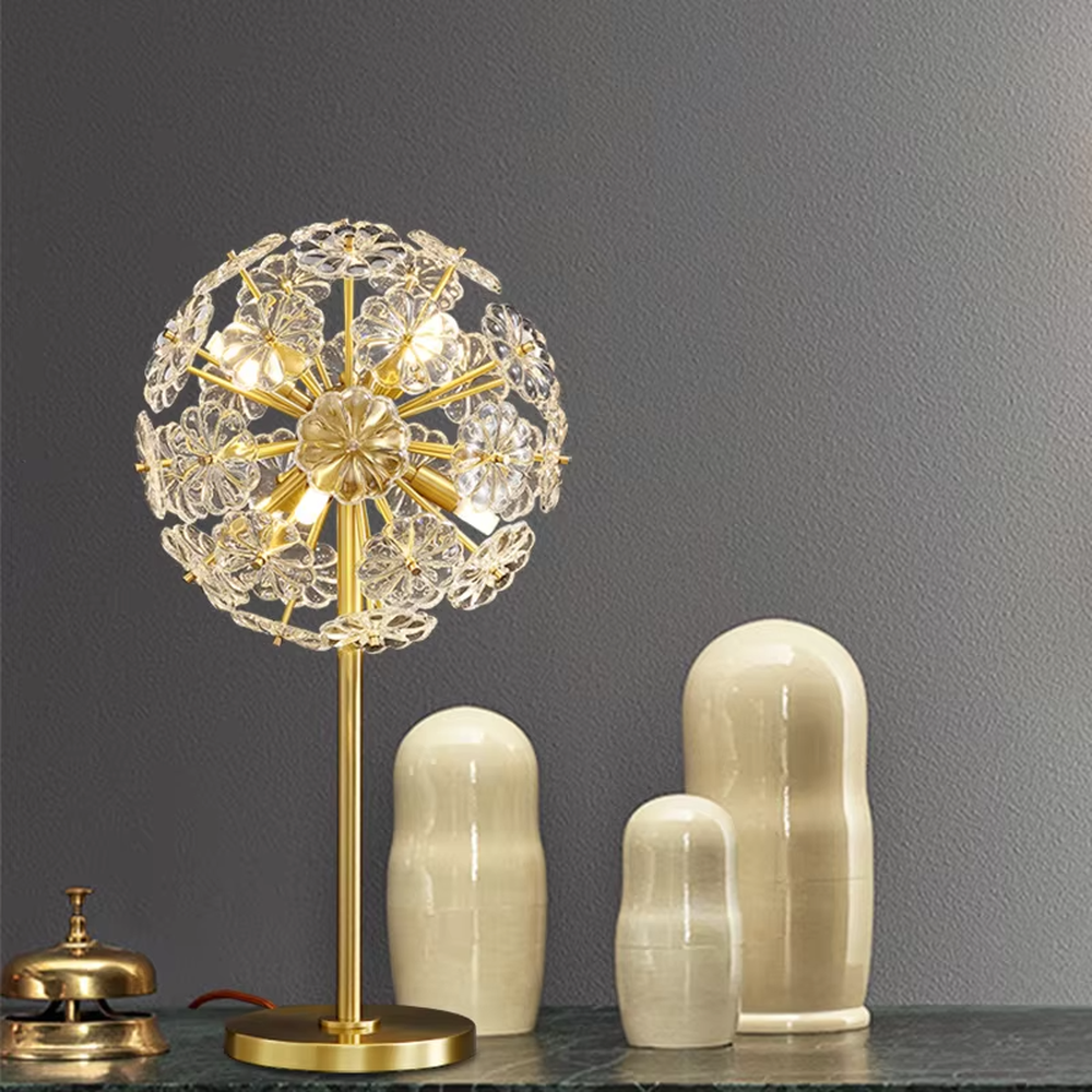 Art dandelion-shaped crystal table lamp (gold frame + crystal petals), warm light effect, creating a brilliant and romantic light luxury space atmosphere.