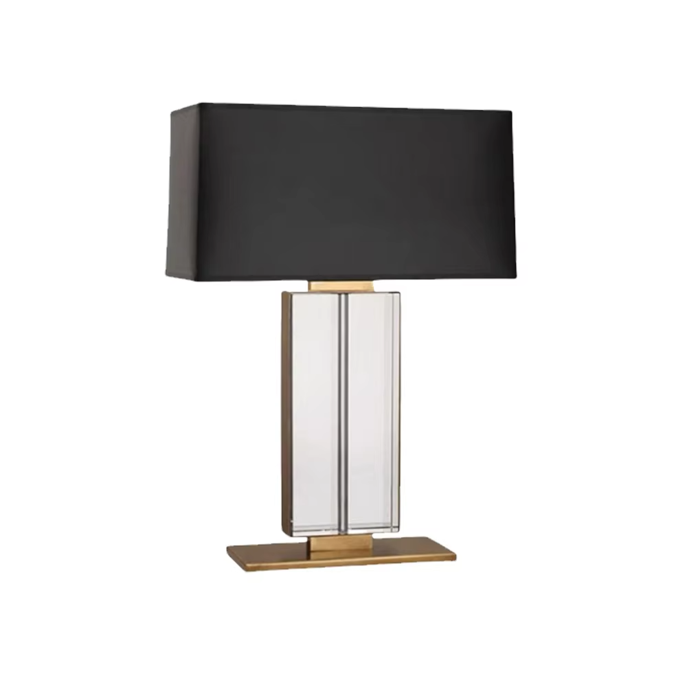 This is a modern light luxury crystal column table lamp, with a black rectangular fabric lampshade paired with a transparent cut crystal column base, accented with gold metal details, featuring both decorative and lighting functions, ideal for high-end indoor scenarios such as living room side tables and bedroom nightstands.