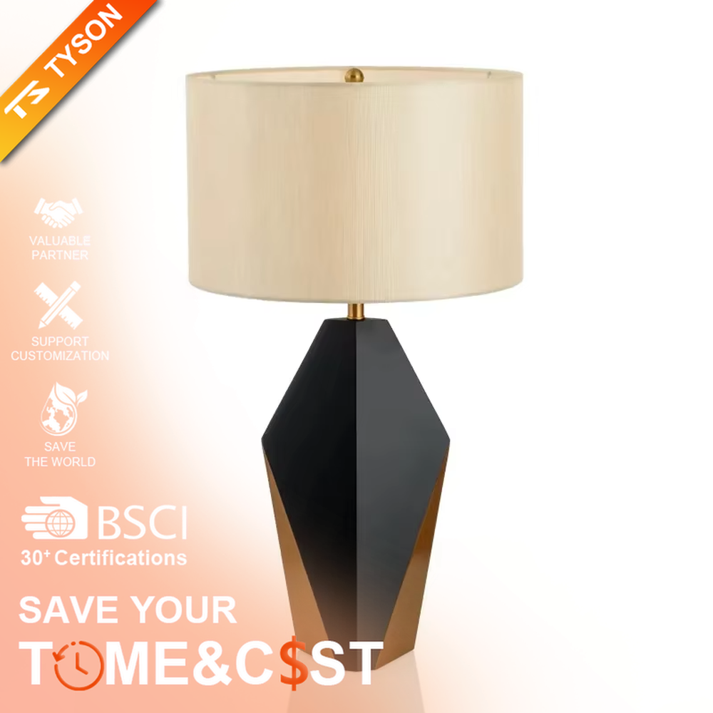 Light luxury black-gold geometric diamond base table lamp, black geometric diamond base + golden decorative details + beige fabric lampshade, soft warm light, creating a high-end light luxury bedroom atmosphere.