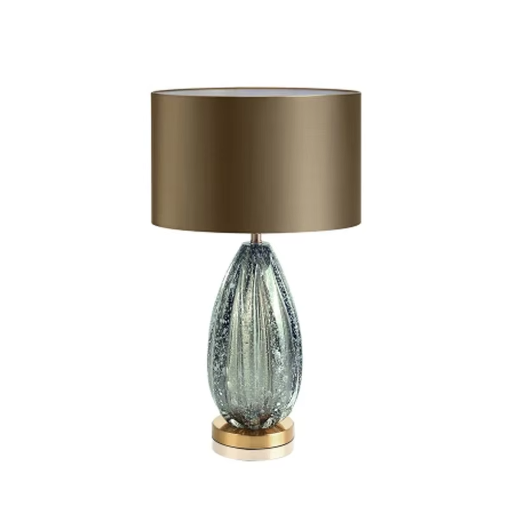 Light luxury black crystal fabric shade table lamp (black crystal texture base + coffee fabric shade), warm light effect, creating a calm and high-end home atmosphere.