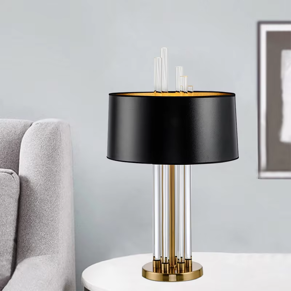 Modern Light Luxury Gold & Crystal Table Lamp, Black Cylindrical Fabric Lampshade (Gold Interior), Transparent Crystal Strips and Gold Metal Strips Combined Lamp Body with Crystal Decor on Top, Serves Both Lighting and Decorative Purposes, Ideal for Living Rooms, Bedrooms, Studies, Hotel Guest Rooms and Other Light Luxury Spaces.