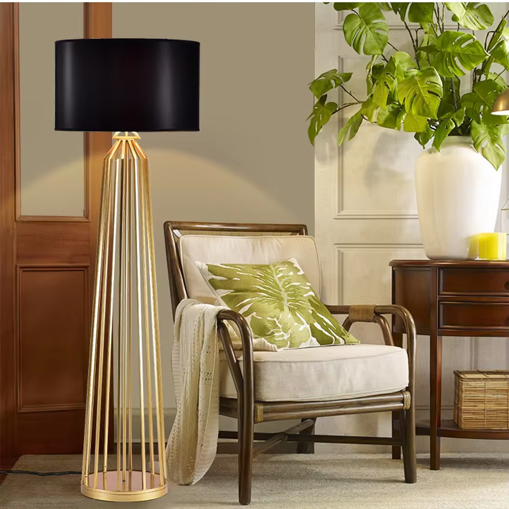 Modern Light Luxury Geometric Hollow Metal Table Lamp, Black Cylindrical Fabric Lampshade, Gold Prism Hollow Metal Lamp Body, Serves Both Lighting and Decorative Purposes, Ideal for Bedrooms, Living Rooms, Studies, Hotel Guest Rooms and Other Light Luxury Spaces.