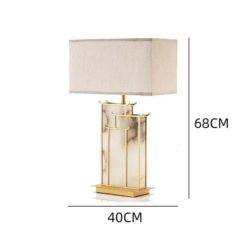 Neo-Chinese style golden frame marble table lamp (linen fabric shade), warm light effect, creating an elegant Chinese-style high-end space atmosphere.