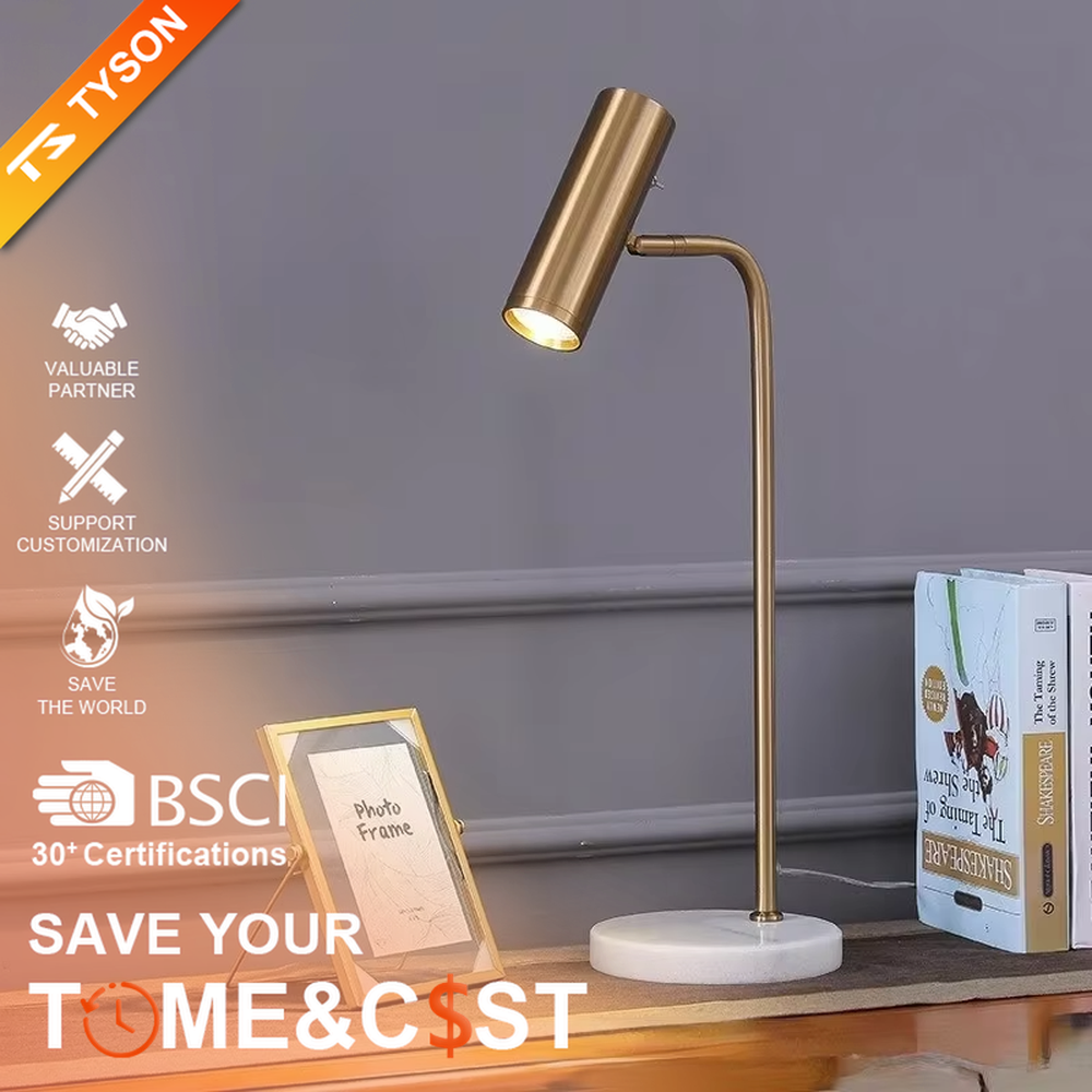 Minimalist white rod marble table lamp (white curved rod + adjustable lamp head + marble base), warm light effect, creating a simple and high-end home atmosphere.