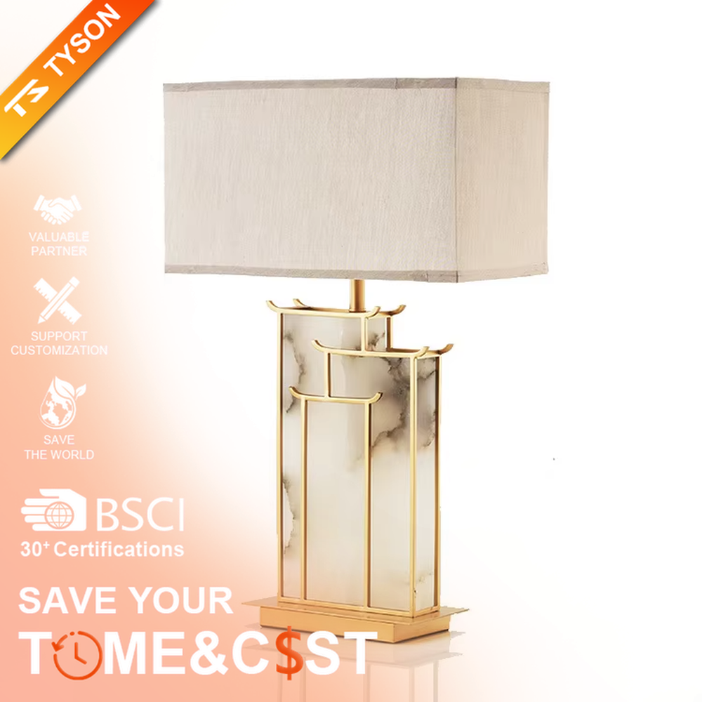This is a new Chinese style table lamp, featuring a rectangular fabric lampshade paired with a geometric splicing base with Chinese architectural elements, which has both lighting and decorative functions, suitable for bedrooms, studies, tea rooms, new Chinese-style homes and hotel guest rooms and other spaces.
