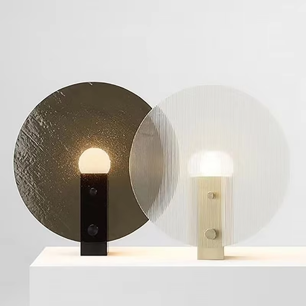 Art semi-transparent round plate table lamp (dual-texture + spherical light source), warm light effect, creating a cutting-edge minimalist artistic home atmosphere.