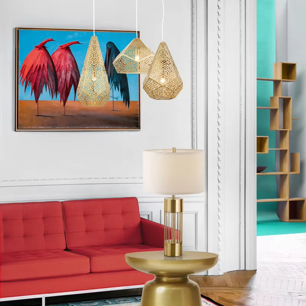 Light luxury gold grid cylinder table lamp (gold grid base + fabric lampshade), warm light effect, creating a high-end minimalist home atmosphere.