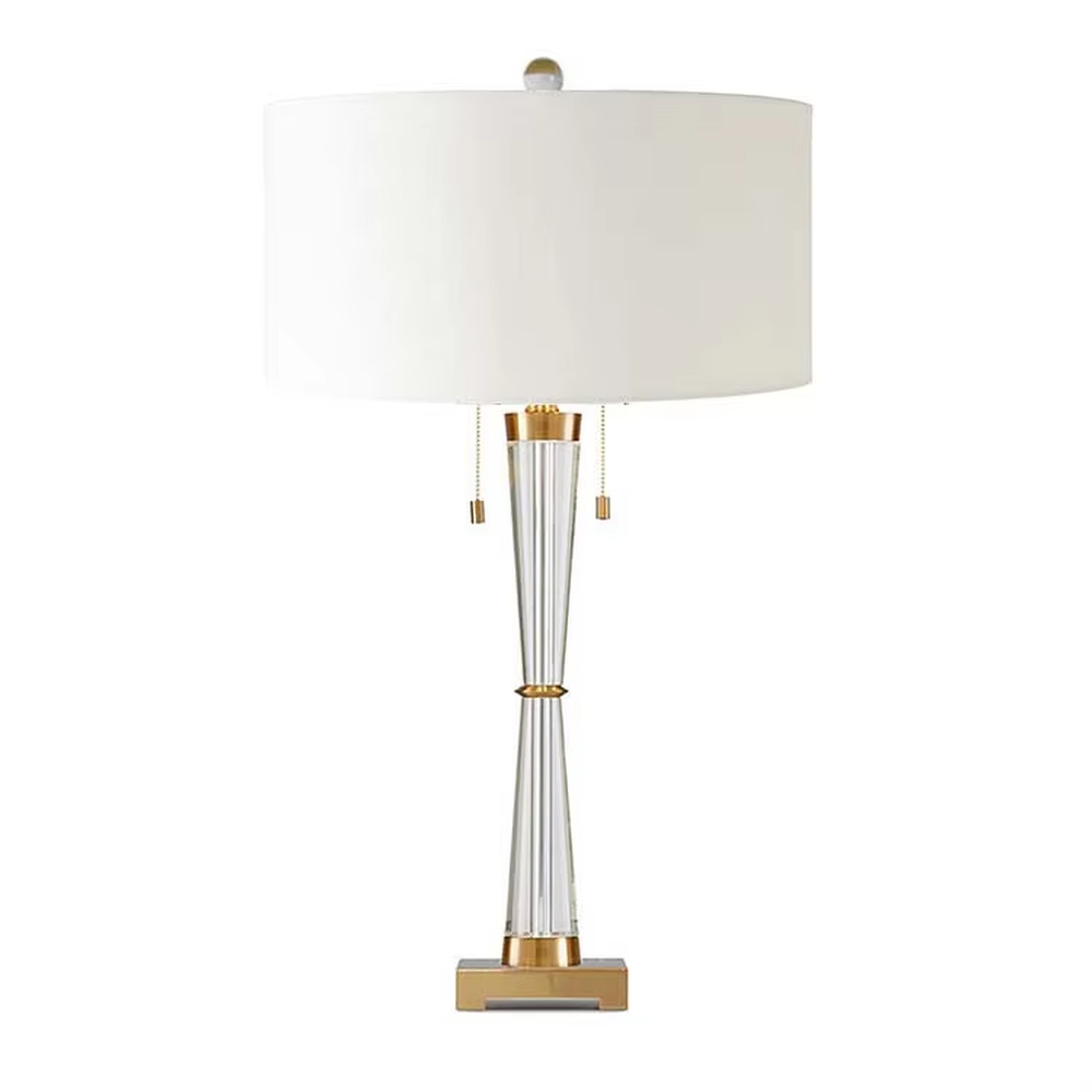 Modern Light Luxury Tapered Crystal Table Lamp, White Fabric Drum Lampshade, Transparent Cut Crystal Lamp Body with Gold Metal Base and Accents, Serves Both Lighting and Decorative Purposes, Ideal for Bedrooms, Living Rooms, Foyers, etc.