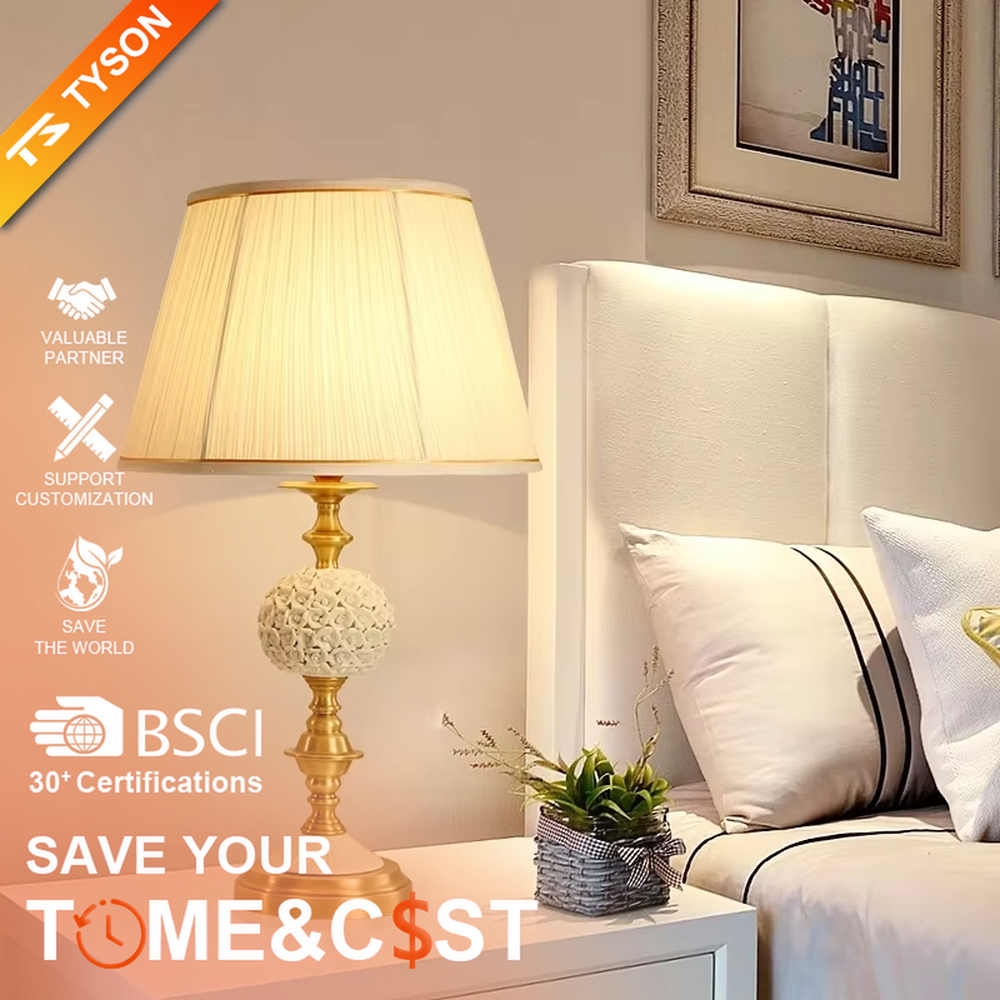 Vintage carved glass table lamp (brass stand + pleated fabric shade), warm light effect, creating an elegant vintage light luxury home atmosphere.