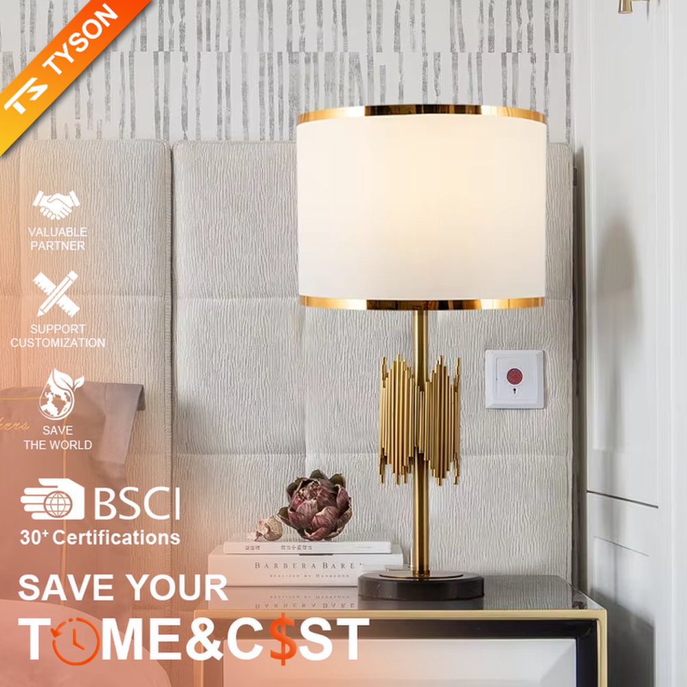 Modern light luxury black-gold striped decorative table lamp, golden metal striped base + white shade with gold trim + warm light effect, creating an exquisite luxurious home atmosphere.