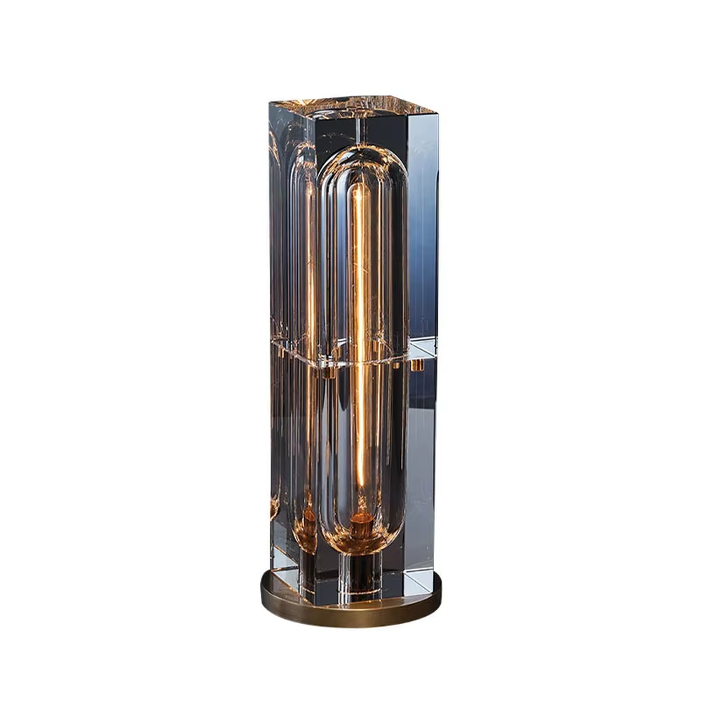 Modern light luxury crystal column table lamp, with a transparent cut crystal outer frame paired with a central gold metal luminous body, and a gold metal base at the bottom, emitting soft and transparent light, combining decorativeness and practicality, suitable for lighting and decoration in spaces such as console tables, living room side tables, study desks, and hotel guest rooms.